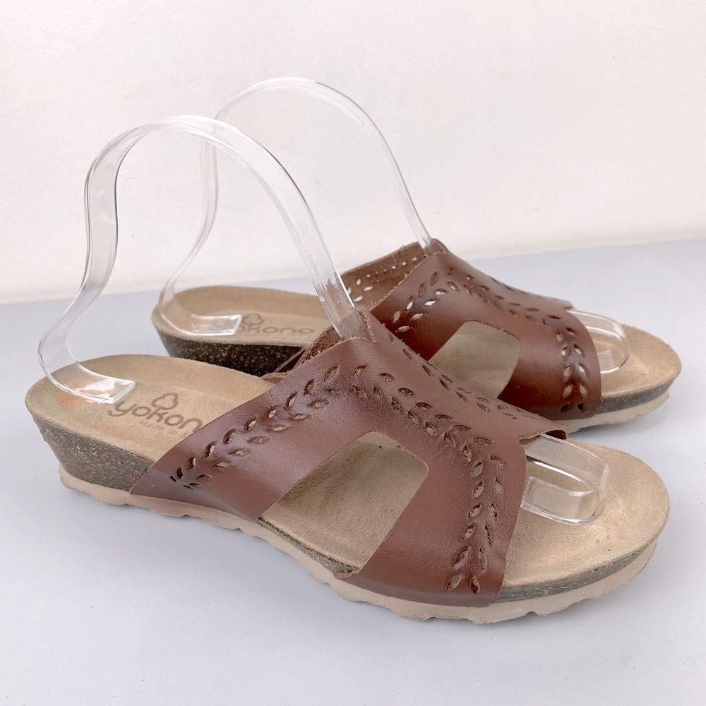 Yokono Sandals Leather Slides Women’s Size 8 Brown Made In Spain Cork Wedge